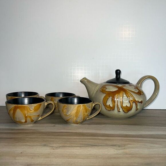 Pier 1 Imports Kioko Stoneware Tea Set Teapot With Lid And 4 Cups Hand Painted - Picture 1 of 9
